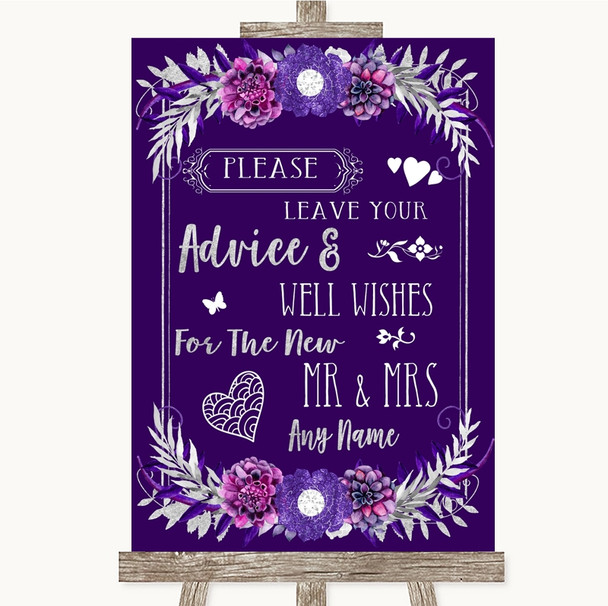 Purple & Silver Guestbook Advice & Wishes Mr & Mrs Personalised Wedding Sign