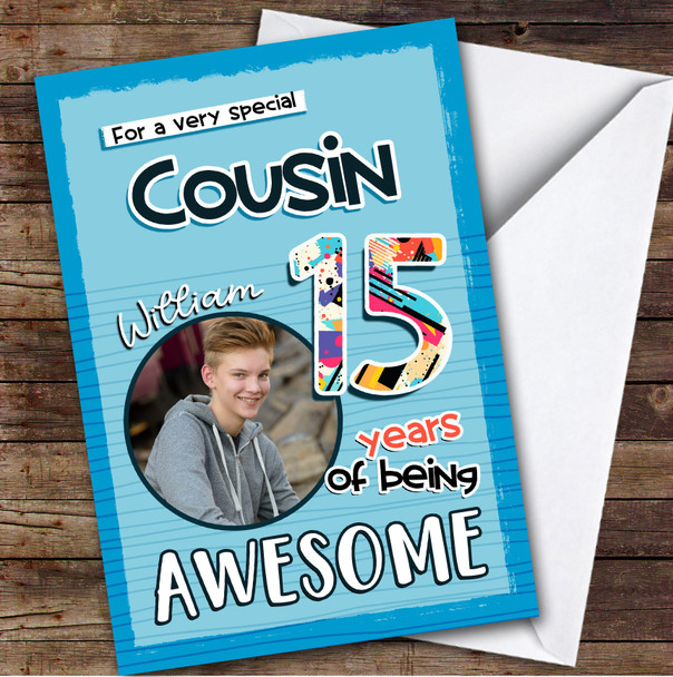 Blue Abstract 15th Cousin Teenager Custom Personalised Birthday Card