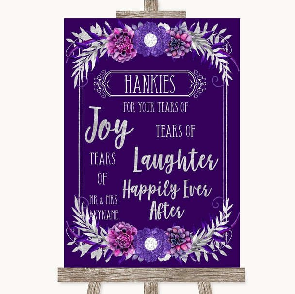 Purple & Silver Hankies And Tissues Personalised Wedding Sign