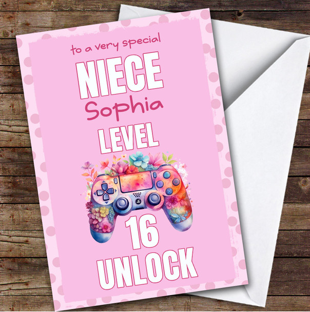 Niece 16th Pink Floral Girl Gamer Gaming Pad Teenager Personalised Birthday Card