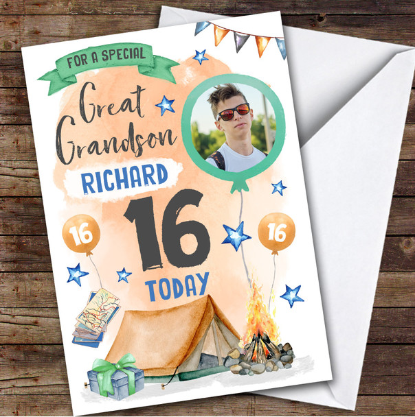 Camping Outdoors Photo Great Grandson 16th Teen Boys Personalised Birthday Card