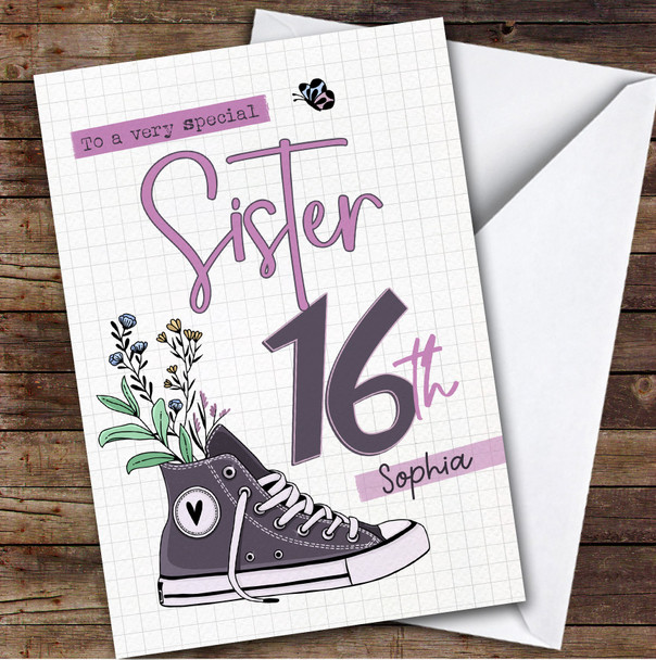 16th Sister Floral Trainers Sneakers Sport Teenager Personalised Birthday Card