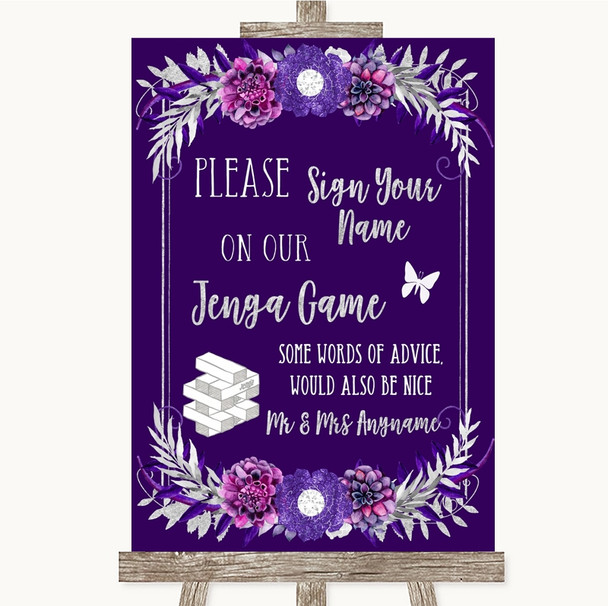 Purple & Silver Jenga Guest Book Personalised Wedding Sign