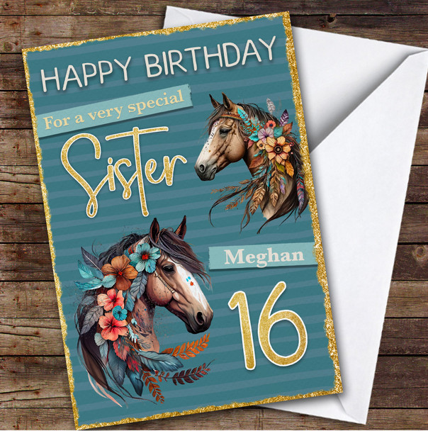 Sister 16th Floral Horse Riding Fan Teenager Custom Personalised Birthday Card