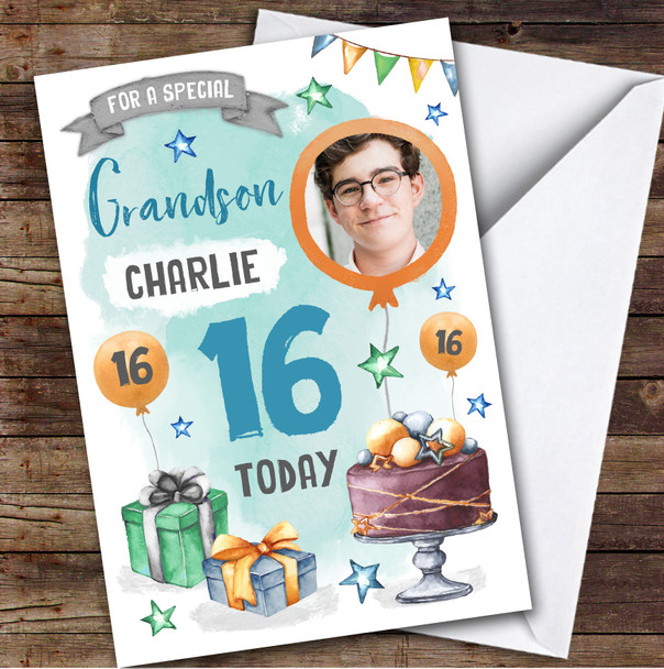 Cake Gift Photo Grandson 16th Teenager Boys Custom Personalised Birthday Card