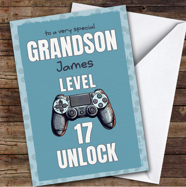 Grandson 17th Blue Girl Gamer Gaming Pad Teenage Boys Personalised Birthday Card