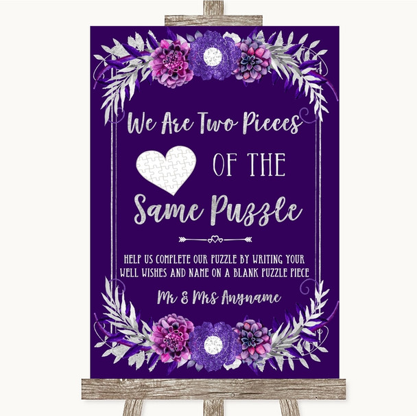 Purple & Silver Puzzle Piece Guest Book Personalised Wedding Sign
