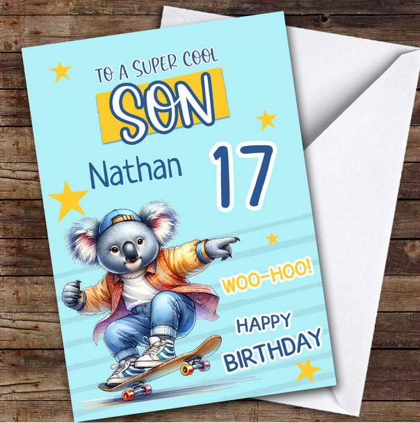 17th Son Skateboarding Koala Teenager Boys Custom Personalised Birthday Card