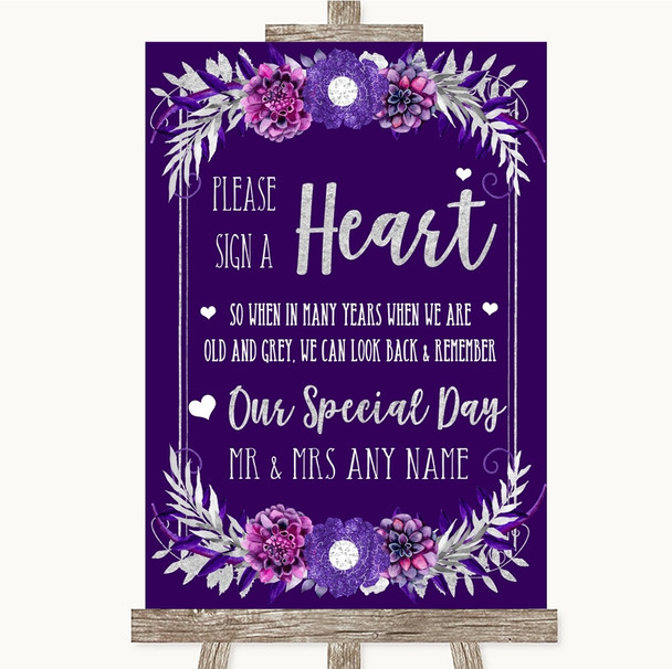 Purple & Silver Sign a Heart Personalised Wedding Sign