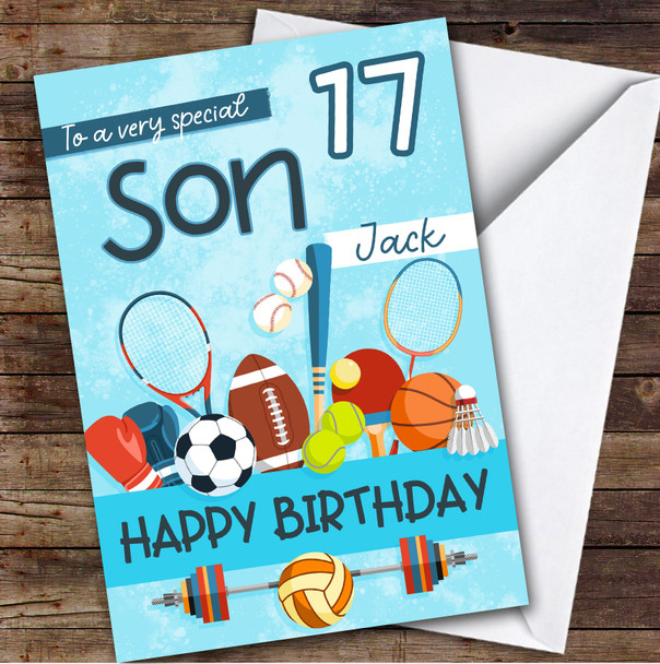 Son 17th Sport Equipment Teenager Boys Custom Personalised Birthday Card