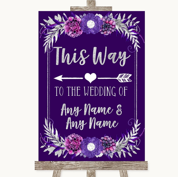 Purple & Silver This Way Arrow Left Personalised Wedding Sign