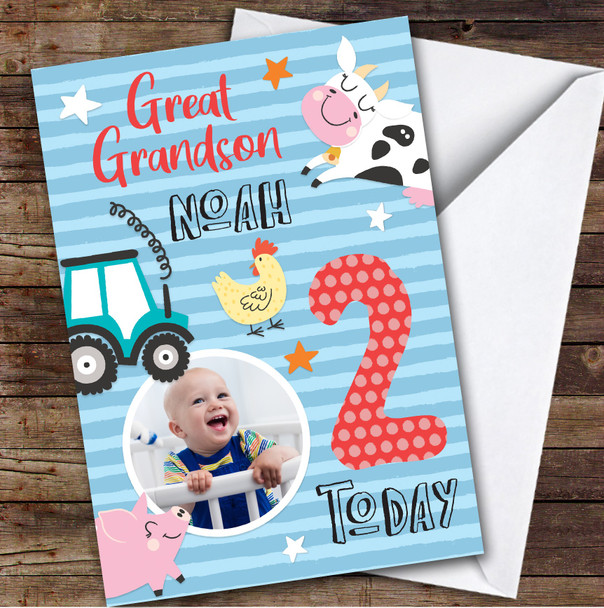 Boy's Farm Animals Photo Great Grandson 2nd Birthday Personalised Birthday Card