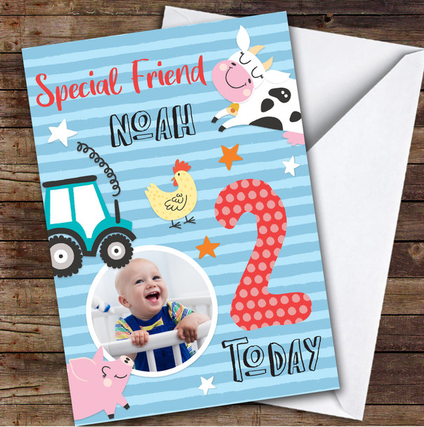 Boy's Farm Animals Photo Friend 2nd Birthday Personalised Birthday Card