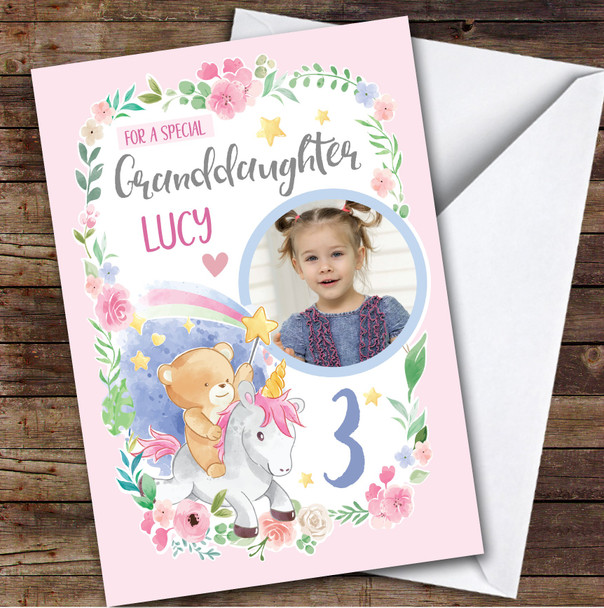 Girl's Unicorn Rainbow Pink Photo Granddaughter 3rd Birthday Personalised Card