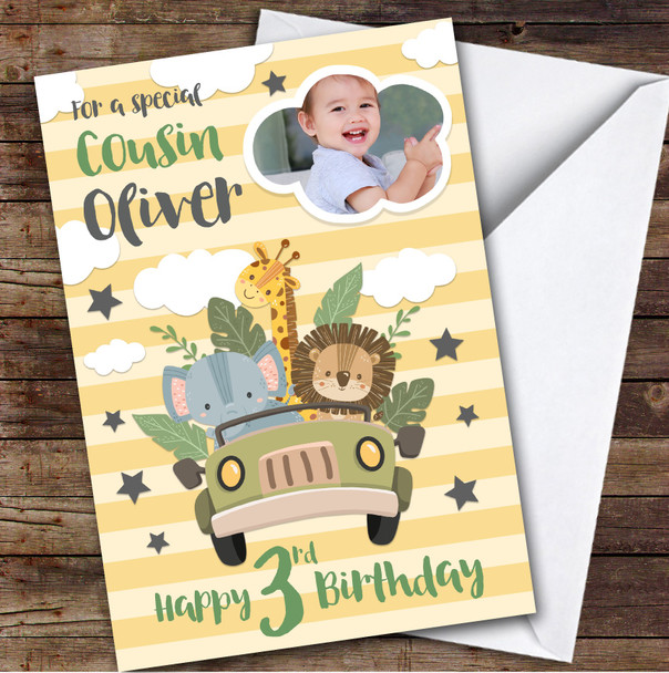 Boy's Jungle Safari Truck Animal Photo Cousin 3rd Birthday Personalised Card