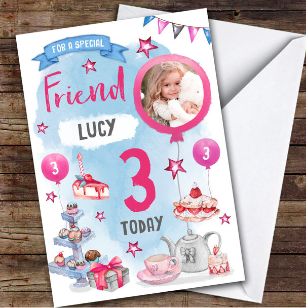 Girl's Tea Party Photo Friend 3rd Birthday Personalised Birthday Card
