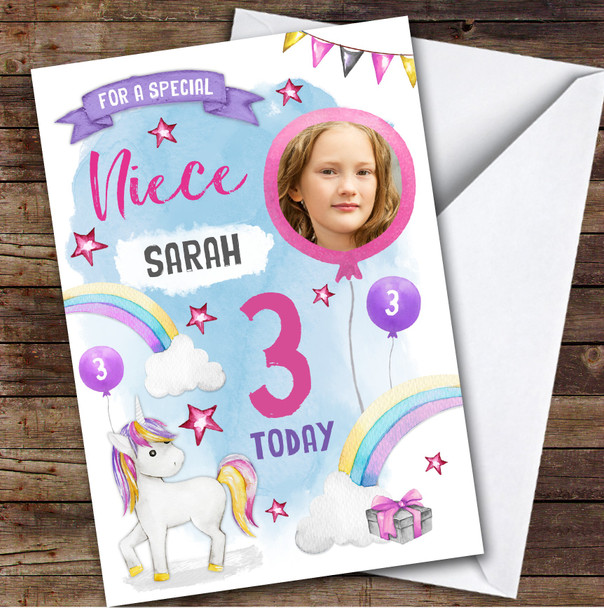 Girl's Unicorn Photo Niece 3rd Birthday Personalised Birthday Card Girl's Unicorn Photo Niece 3rd Birthday Personalised Birthday Card