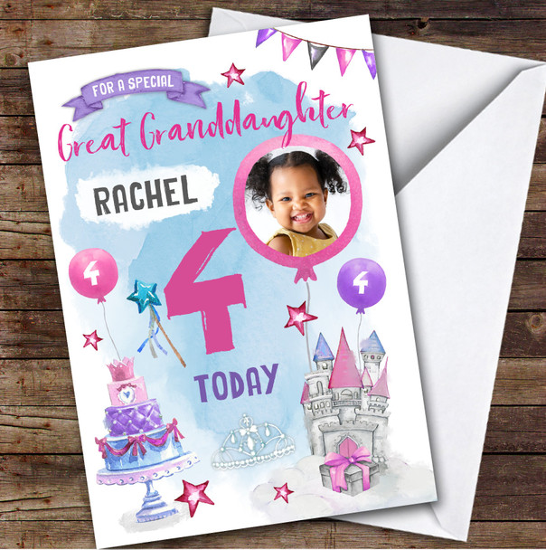 Girl's Princess Castle Photo Great Granddaughter 4th Birthday Personalised Card Girl's Princess Castle Photo Great Granddaughter 4th Birthday Personalised Card