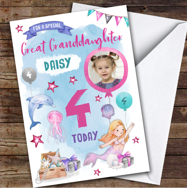 Girl's Mermaid Dolphin Photo Great Granddaughter 4th Birthday Personalised Card