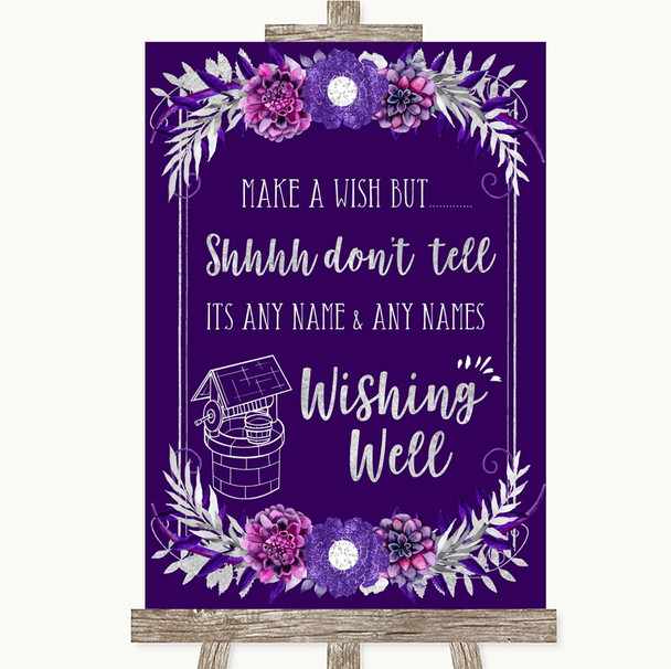 Purple & Silver Wishing Well Message Personalised Wedding Sign