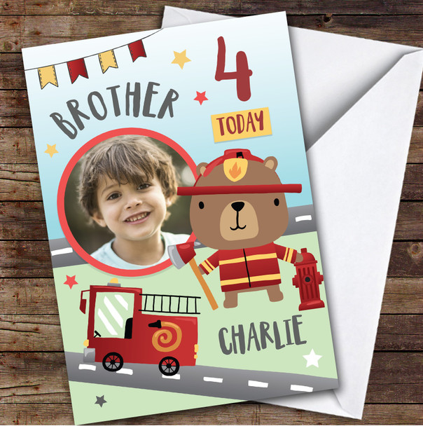 Boy's Fireman Bear Fire truck Photo Brother 4th Birthday Personalised Card