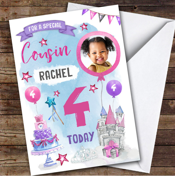 Girl's Princess Castle Crown Photo Cousin 4th Birthday Personalised Card