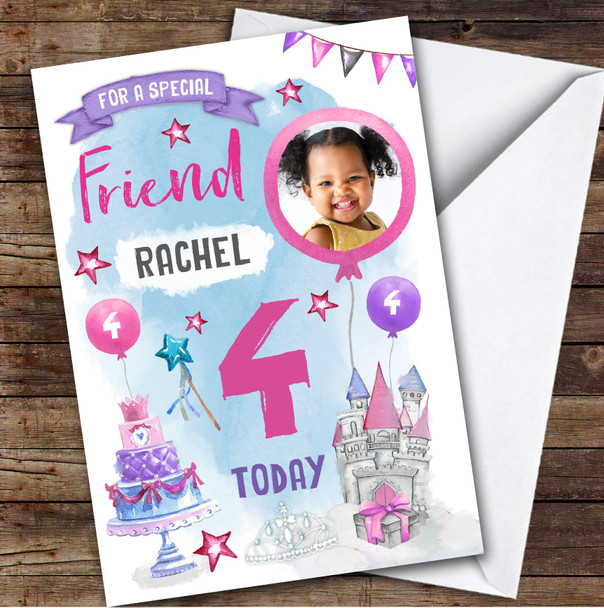 Girl's Princess Castle Crown Photo Friend 4th Birthday Personalised Card