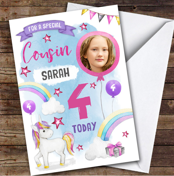 Girl's Unicorn Photo Cousin 4th Birthday Personalised Birthday Card