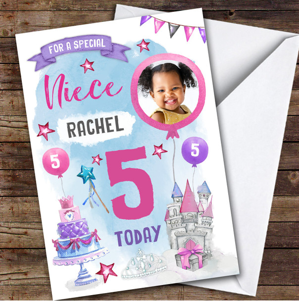 Girl's Princess Castle Crown Photo Niece 5th Birthday Personalised Birthday Card