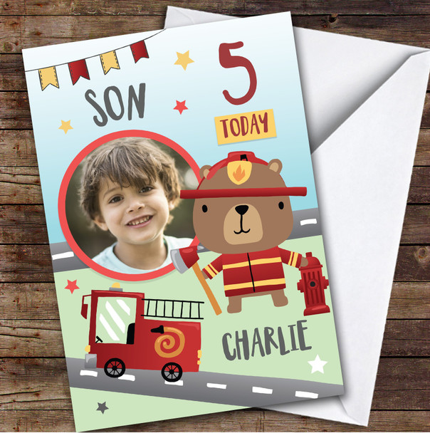 Boy's Fireman Bear Fire truck Photo Son 5th Birthday Personalised Birthday Card