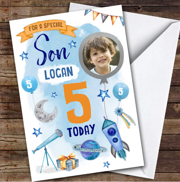 Boy's Space Rocket Astronaut Rocket Photo Son 5th Birthday Personalised Card