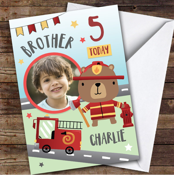 Boy's Fireman Bear Fire truck Photo Brother 5th Birthday Personalised Card