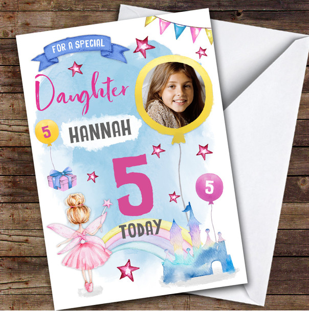 Girl's Fairy Magical Castle Photo Daughter 5th Birthday Personalised Card
