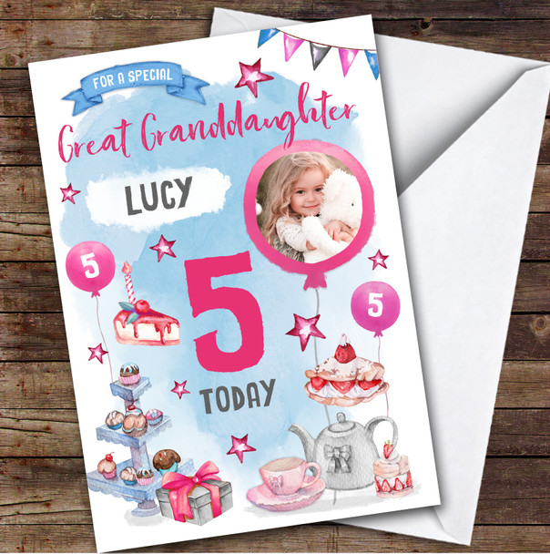 Girl's Tea Party Photo Great Granddaughter 5th Birthday Personalised Card