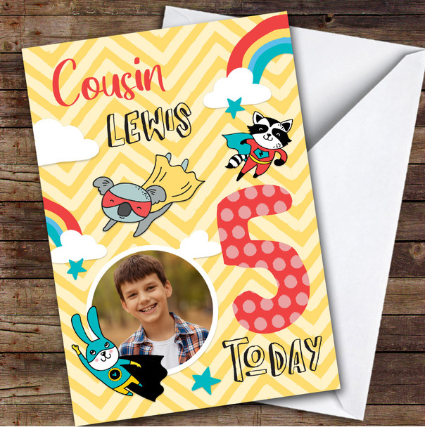 Boy's Superhero Rainbow Comic Photo Cousin 5th Birthday Personalised Card