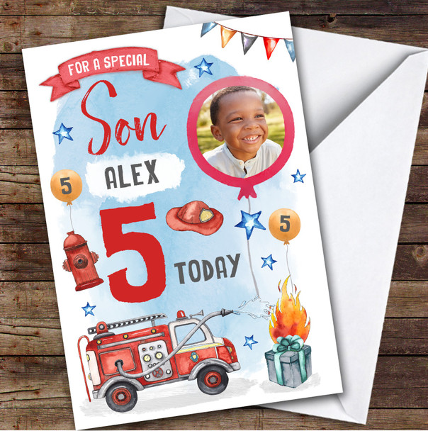 Boy's Fire Engine Truck Digger Photo Son 5th Birthday Personalised Card