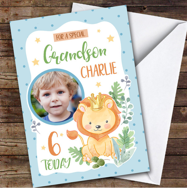 Boy's Lion Blue Photo Grandson 6th Birthday Personalised Birthday Card