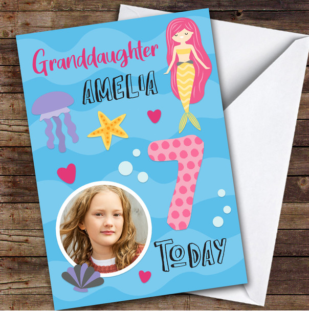 Girl's Mermaid Under The Sea Photo Granddaughter 7th Birthday Personalised Card