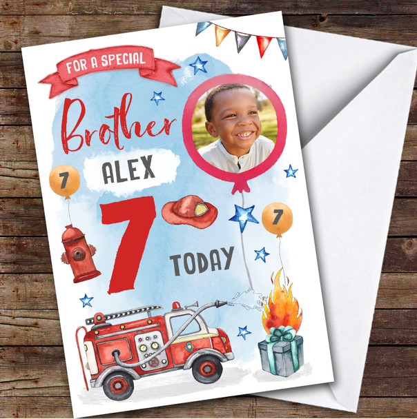 Boy's Fire Engine Truck Digger Photo Brother 7th Birthday Personalised Card