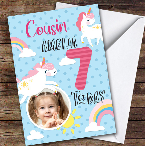 Girl's Unicorn Rainbow Photo Cousin 7th Birthday Personalised Birthday Card