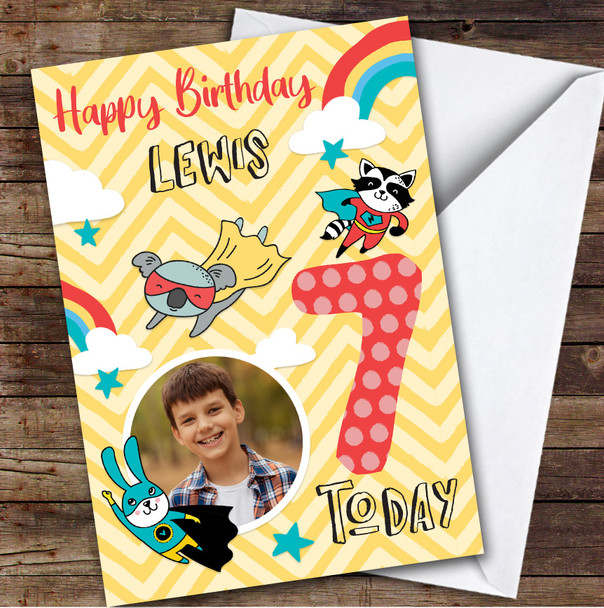 Boy's Superhero Rainbow Comic Photo 7th Birthday Personalised Birthday Card