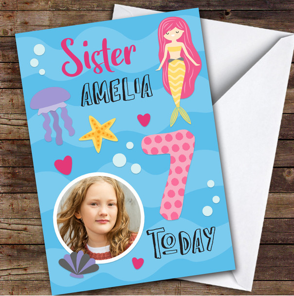 Girl's Mermaid Under The Sea Photo Sister 7th Birthday Personalised Card