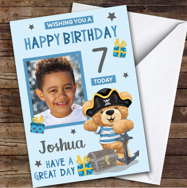 Boy's Pirate Bear Blue Photo 7th Birthday Personalised Birthday Card