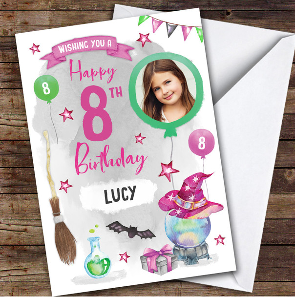 Girl's Magical Witch Spooky Halloween Photo 8th Birthday Personalised Card
