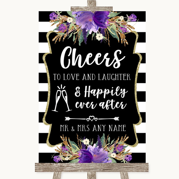 Black & White Stripes Purple Cheers To Love Personalised Wedding Sign