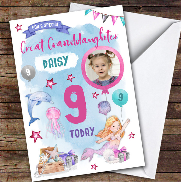 Girl's Mermaid Dolphin Photo Great Granddaughter 9th Birthday Personalised Card