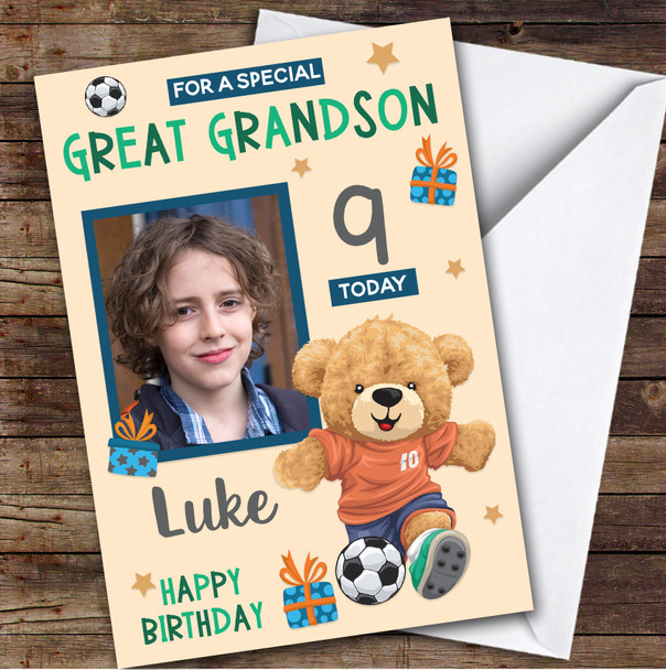 Boy's Football Bear Orange Photo Great Grandson 9th Birthday Personalised Card