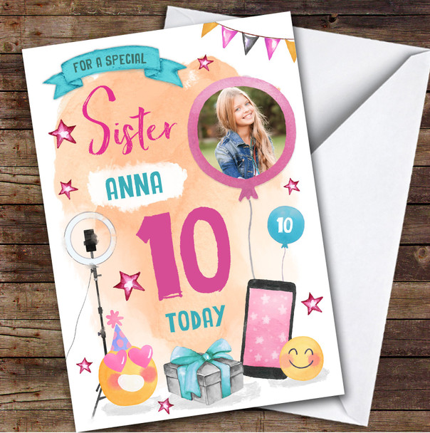 Girl's Phone Tech Selfie Emoji Photo Sister 10th Birthday Personalised Card