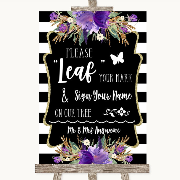 Black and White Stripes Purple Fingerprint Tree Instructions Wedding Sign