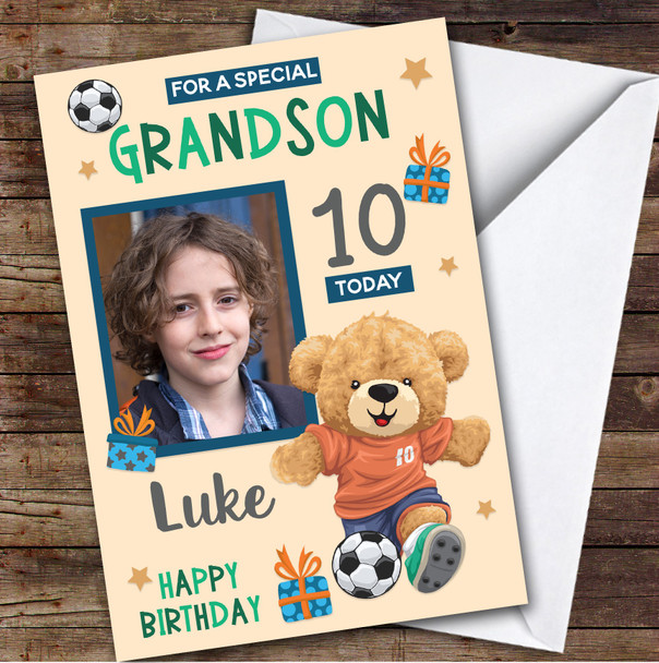 Boy's Football Bear Orange Photo Grandson 10th Birthday Personalised Card